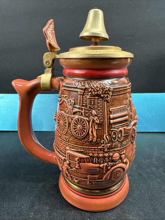 1989 Tribute To American Firefighters Ceramic Beer Stein Bell On Top Ceramarte